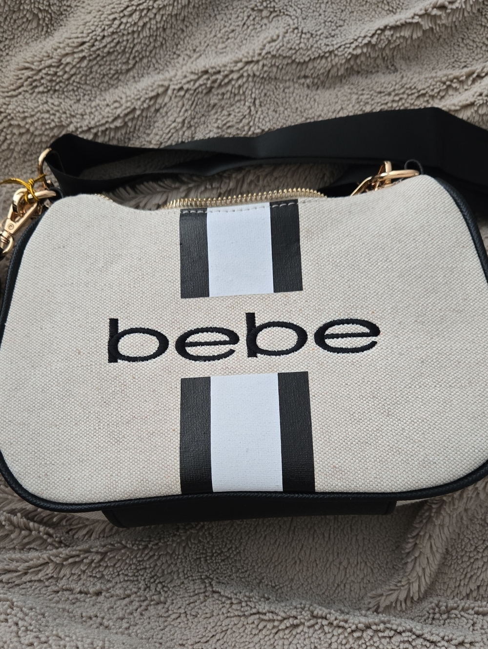 bebe Cream Canvas Crossbody with Black Stripe Accents